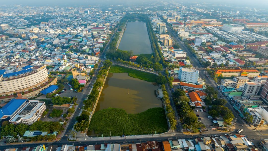 Bao Dinh Canal and the chain of lakes cutting through downtown My Tho, seen from above