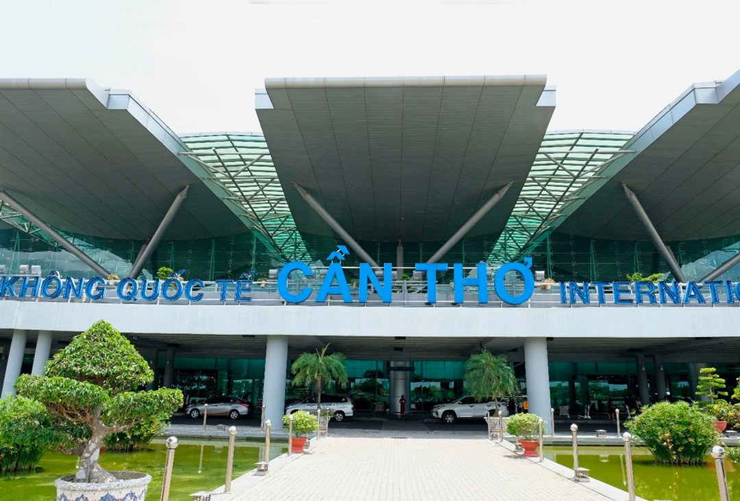 Front view of the Can Tho International Airport terminal – modern glass facade welcomes air passengers