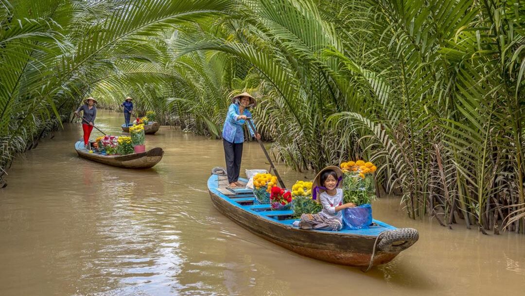 Sampan gliding through a palm-shaded canal in My Tho