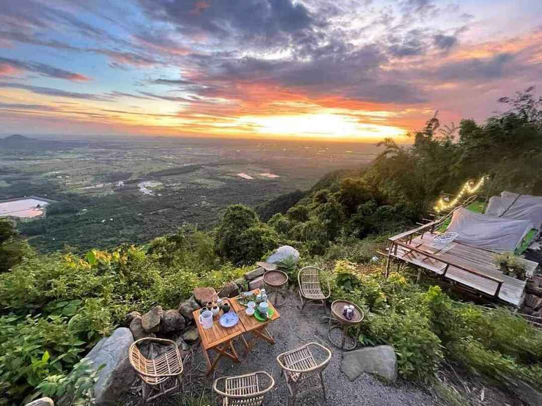 Sunset over the That Son mountain range from Cam Mountain, with cable car trails and rugged terrain