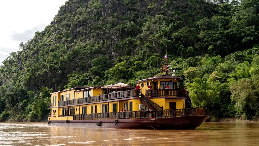 Luxury Mekong River Cruise ship and passengers