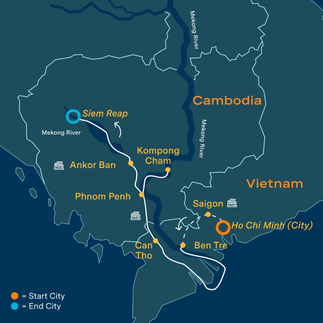 Map Mekong luxury cruise Ho Chi Minh Siem Reap Phnom Penh Angkor