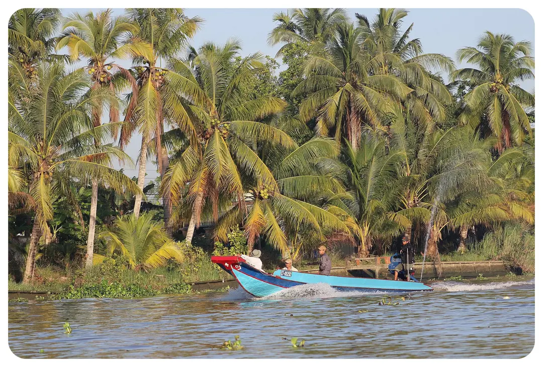 tourists and locals fishing together in mekong delta river scenery