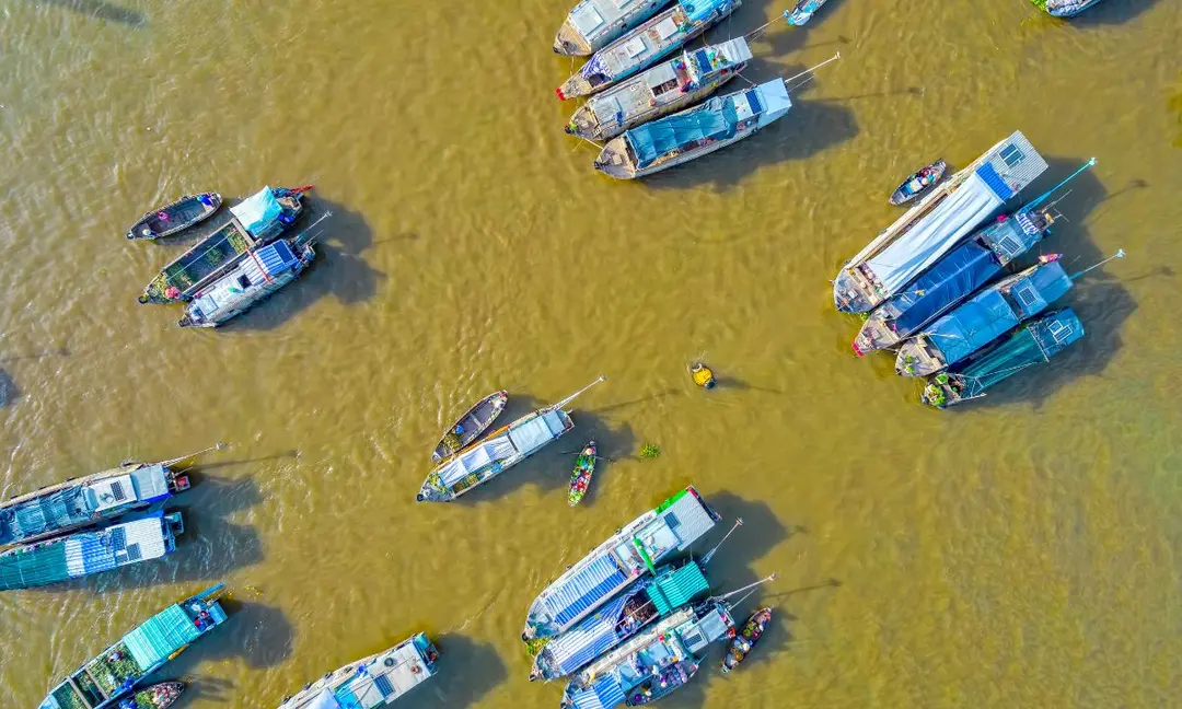 mekong delta sunrise trading boats golden mist