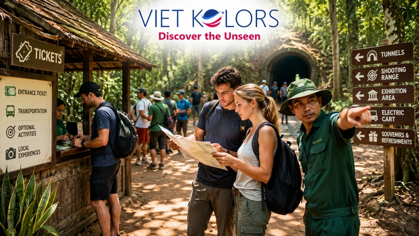 Visitors purchasing Cu Chi Tunnels entrance tickets at the main ticket counter before exploring one of Vietnam's most famous historical sites. Visitors purchasing Cu Chi Tunnels entrance tickets at the main ticket counter before exploring one of Vietnam's most famous historical sites.