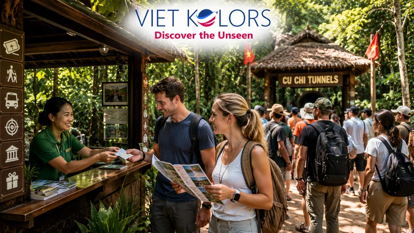 Travelers checking the Cu Chi Tunnels site map and visitor information before exploring the underground tunnel network. Travelers checking the Cu Chi Tunnels site map and visitor information before exploring the underground tunnel network.