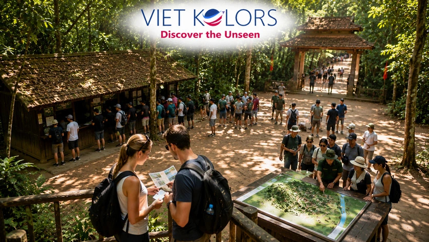 Tourists browsing local souvenirs, enjoying traditional cassava snacks, and exploring optional experiences at the Cu Chi Tunnels complex. Tourists browsing local souvenirs, enjoying traditional cassava snacks, and exploring optional experiences at the Cu Chi Tunnels complex.