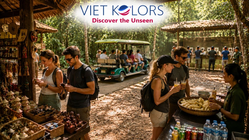 A visitor entering one of the original Cu Chi Tunnels, experiencing the narrow underground passages used during the Vietnam War.